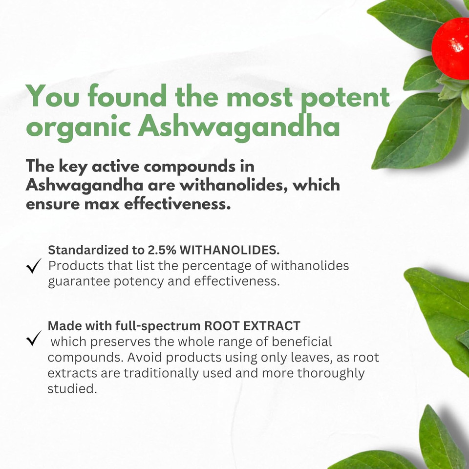 Organic Ashwagandha Capsules 2000 Mg Root Powder Extract With Black Pepper & Lemon Balm 2 Month Supply - Natural Way To Relieve Stress