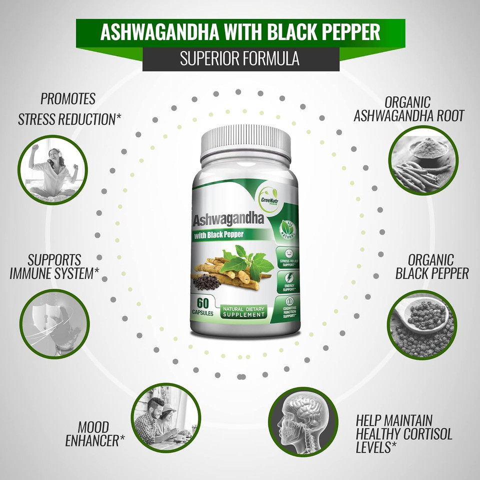 Organic Ashwagandha Capsules With Black Pepper For Enhanced Absorption - Mood Enhancer With Energy And Cognitive Function Support - 1300 Mg Veggie Capsules (3 Bottles)
