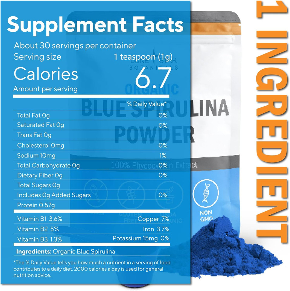 Organic Blue Spirulina Powder, 120 Servings - 100% Pure Superfood Blue-Green Algae, Natural Food Coloring For Smoothies & Protein Drinks - Non Gmo, Gluten-Free, Vegan + Usda Certified, No Fishy Smell
