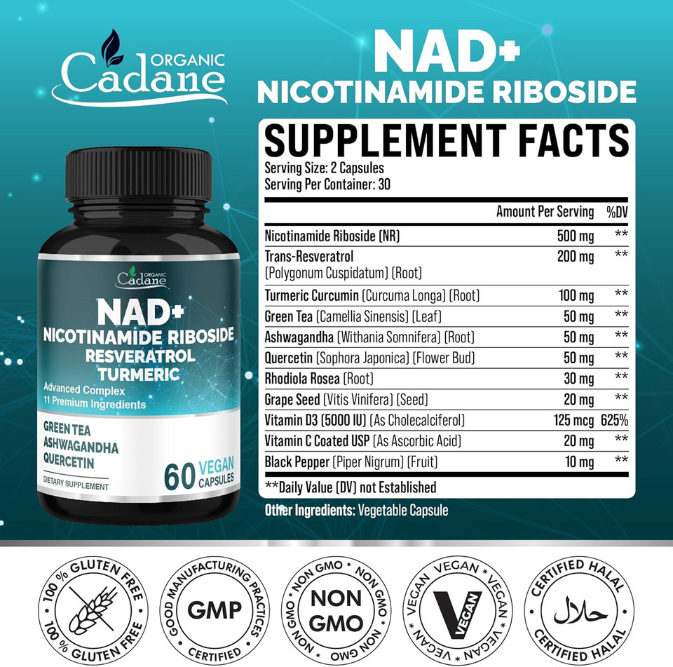 Organic Cadane 11-In-1 Nicotinamide Riboside Supplement With Trans-Resveratrol, Turmeric Curcumin & 8 More | Cellular Wellness Support | Vegan, Non-Gmo  60 Capsules For 30 Days
