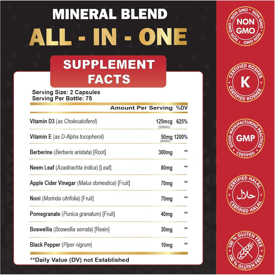 Organic Cadane Berberine Supplement 150 Capsules, With Neem Leaf, Apple Cider Vinegar, Vit D3, E & More - Berberine Extract 35:1- Support For Immune System, Digestion & Overall Health