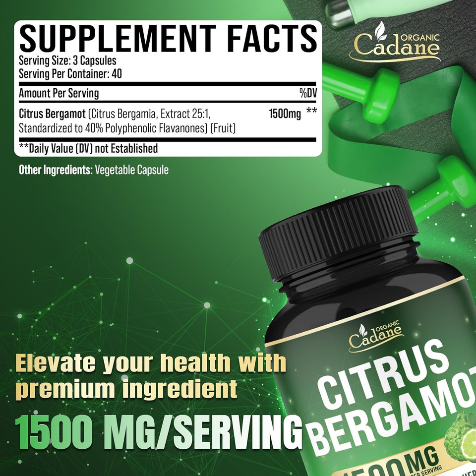 Organic Cadane Citrus Bergamot Supplement | Heart & Immune System | Vegan, Non-Gmo  120 Capsules  40-Day Supply