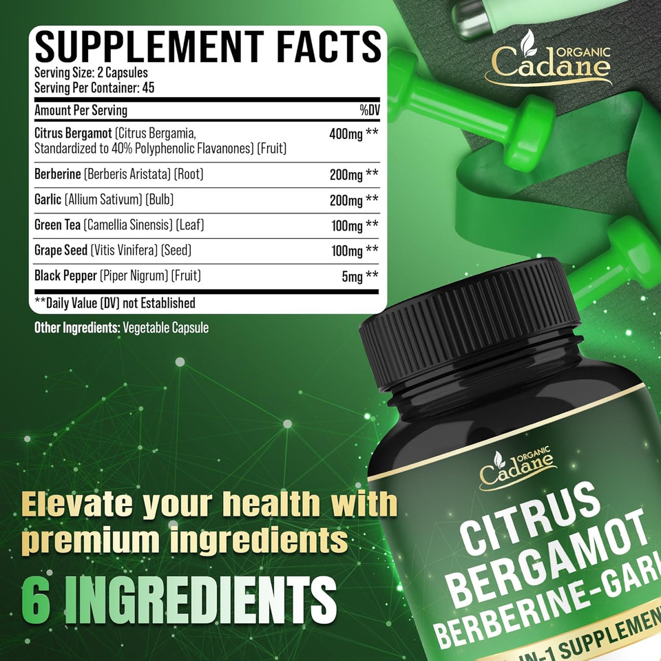 Organic Cadane Citrus Bergamot Supplement With Berberine, Garlic, Green Tea, Grape Seed & Black Pepper | Wellness & Vitality Support | Vegan, Non-Gmo  90 Capsules  45-Day Supply