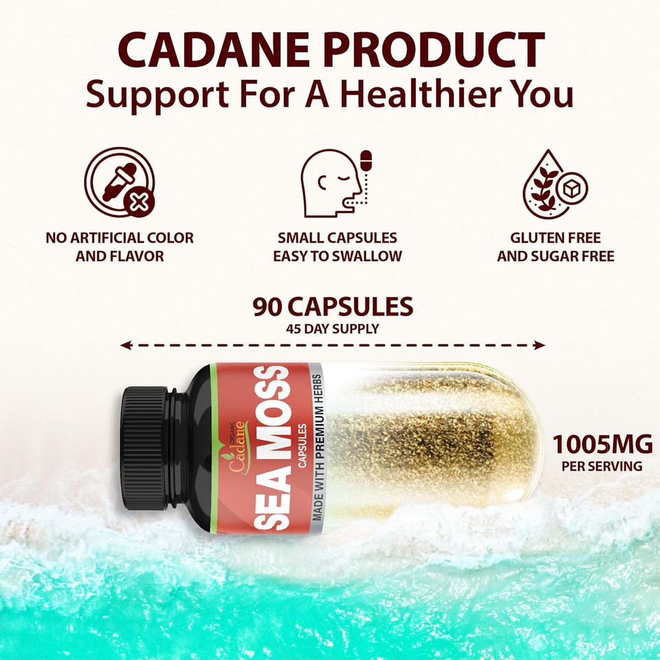 Organic Cadane Irish Sea Moss Extract Capsules - 9In1 With Vitc, Vitd, Bladderwrack, Burdock Root, Elderberry & More - Supports Immune System & Overall Health - 90Capsules