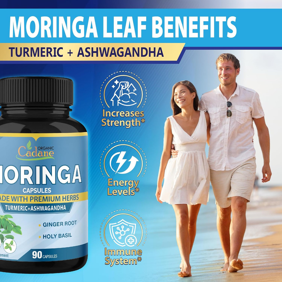 Organic Cadane Moringa Extract Capsules, 5In1 Supplements With Ashwagandha, Tulsi, Ginger, Turmeric - Immune System Support - 90 Caps For 3 Months Supply