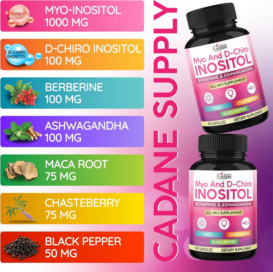 Organic Cadane Myo & D-Chiro Inositol Supplement | Formula With Ashwagandha, Maca, Chasteberry, Berberine & Black Pepper | Supports Women'S Balance & Wellness | Vegan, Non-Gmo - 90 Capsules