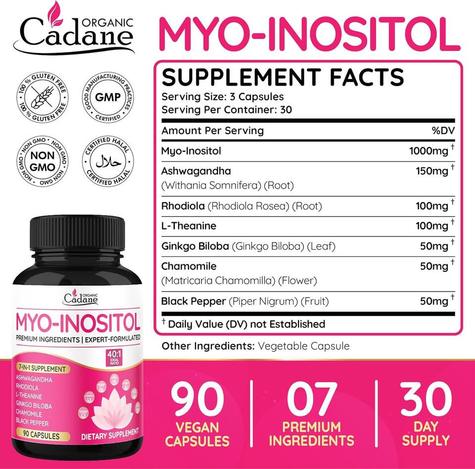 Organic Cadane Myo Inositol & Ashwagandha Capsules With Rhodiola, L-Theanine, Ginkgo Biloba, And More | Supports Body Balance & Digestive | Vegan, Non-Gmo - 90 Capsules