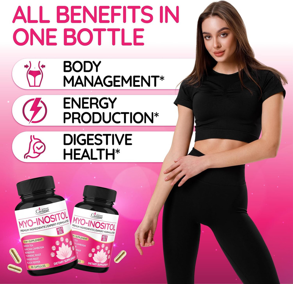 Organic Cadane Myo Inositol & Green Tea Capsules With Garcinia Cambogia, Berberine, Turmeric, Ginger, And Black Pepper | Supports Body Balance & Digestive | Vegan, Non-Gmo - 90 Capsules