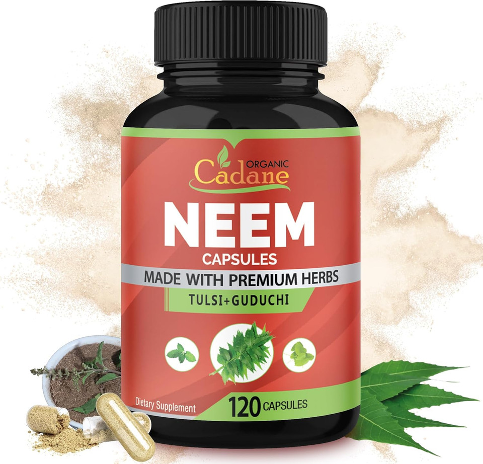 Organic Cadane Neem Leaf Supplements Capsules, 3In1 With Holy Basil Tulsi, Guduchi, 120 Vegetable Capsules | Supports Immune System | Fresh Pure Powder Leaves Herbs