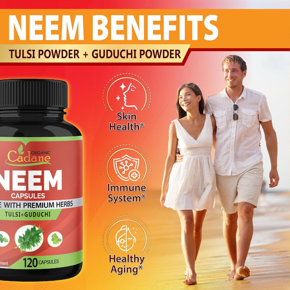 Organic Cadane Neem Leaf Supplements Capsules, 3In1 With Holy Basil Tulsi, Guduchi, 120 Vegetable Capsules | Supports Immune System | Fresh Pure Powder Leaves Herbs