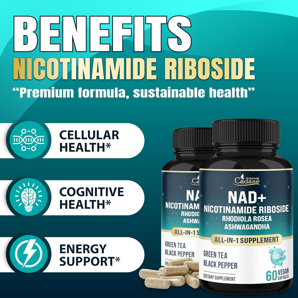 Organic Cadane Nicotinamide Riboside Supplement | With Rhodiola Rosea, Ashwagandha, Green Tea & More | Cellular Health & Vitality Support | Vegan, Non-Gmo  60 Capsules