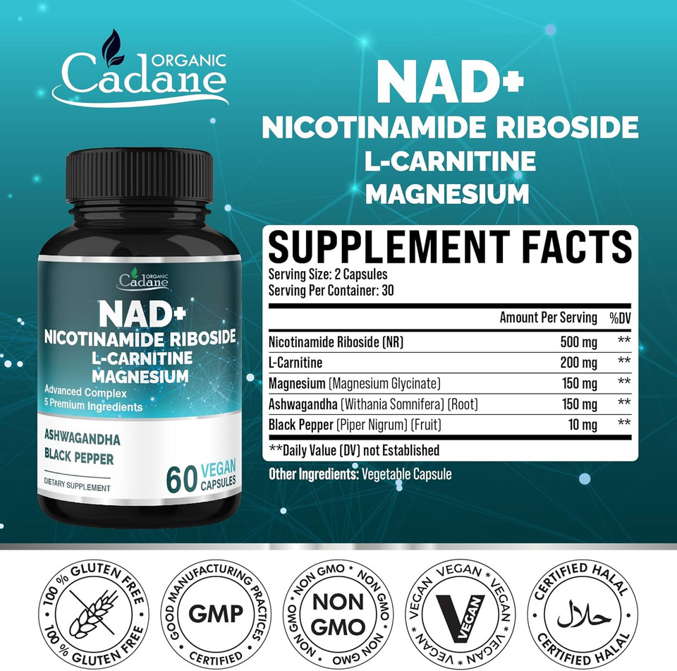 Organic Cadane Nicotinamide Riboside Supplement With L-Carnitine, Magnesium Glycinate, Ashwagandha, Black Pepper | Cellular Health & Wellness Support | Vegan, Non-Gmo  60 Capsules  30-Day Supply