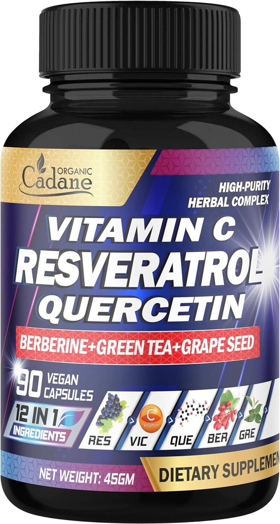 Organic Cadane Resveratrol Supplement - 12In1 Blended With Vit.C, Quercetin, Berberine, Turmeric, Green Tea & More - 90 Capsules 3 Month