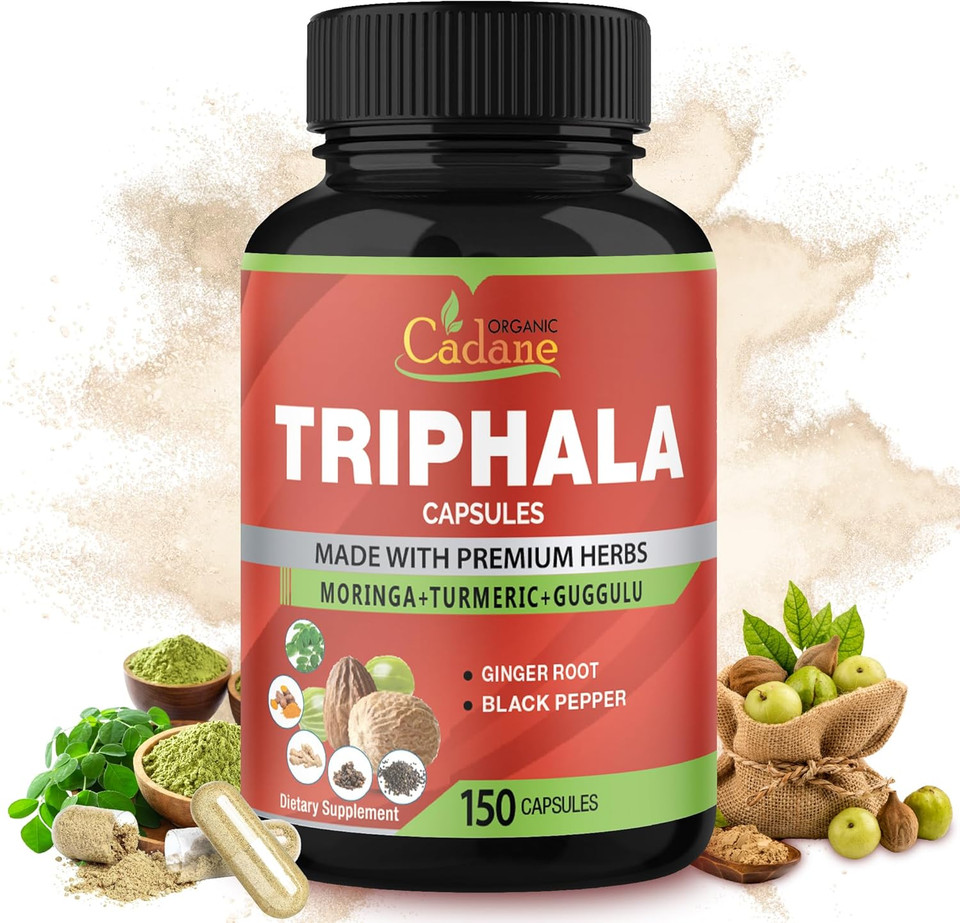Organic Cadane Triphala Extract Capsules, 5 Months Supply With Turmeric, Guggulu, Ginger, Black Pepper, Moringa - Support Digestion Health & Immune System - 150Caps