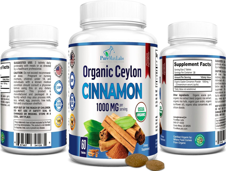 Organic Ceylon Cinnamon - 1000Mg Per Serving, Certified Organic True Cinnamon Supplement, Antioxidant, Fast Absorption - 60 Tablets
