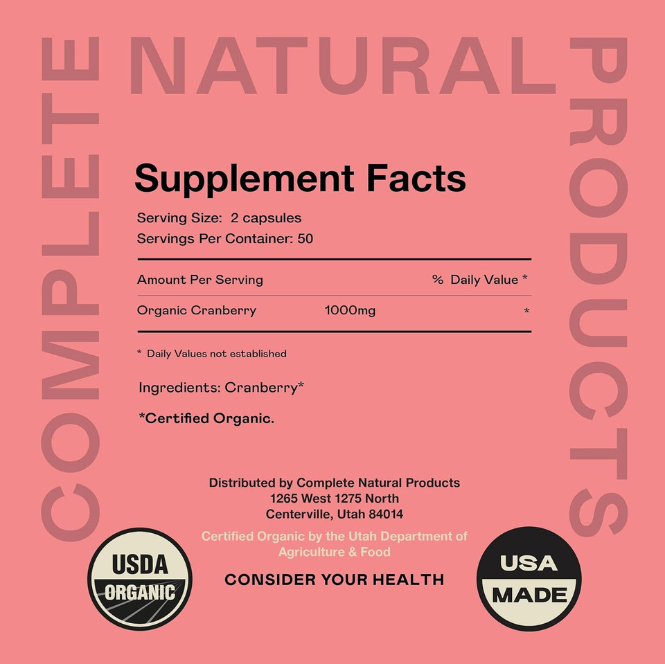 Organic Cranberry Capsules - 100 Count - 475 Mg Supplement - Vegan Natural Cranberry Concentrate & Powder Pills