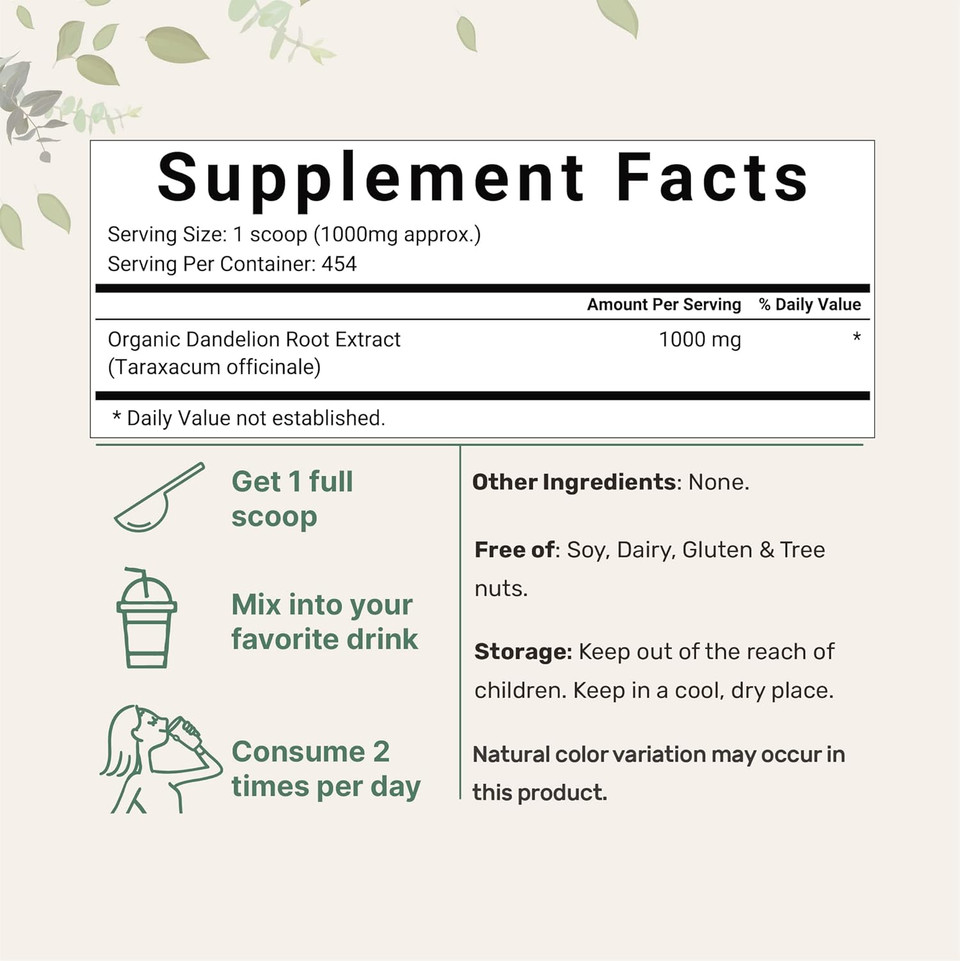 Organic Dandelion Root Tea Powder, 1Lb (16Oz) | Up To 450 Servings | Pure Dark Roasted Dandelion Root Supplement For Tea | Herbal Extract For Digestion & Immune Support | Caffeine Free, Non-Gmo