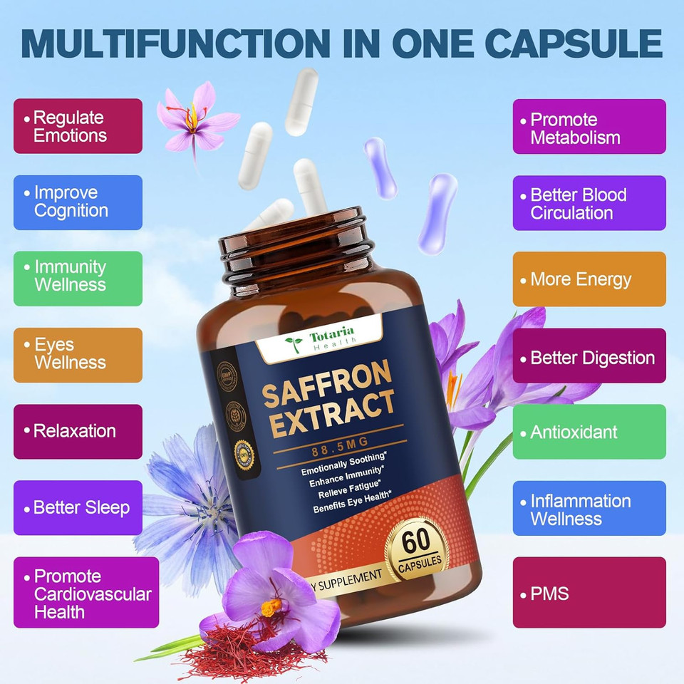 Organic Happy Saffron Supplements - 100% Organic Saffron Extract 88.5Mg Per Serving For Better Mood, Energy, Eyes, Immunity, Blood & Digestion, Men & Women, 60 Vegan Caps Per Bottles, 2 Bottles