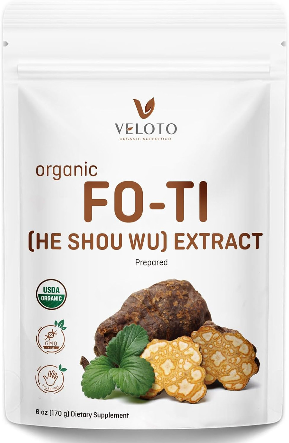 Organic He Shou Wu, Pure Fo Ti Extract Powder, 50:1 Natural Anti Aging Herbal Supplement Antioxidant Superfood, Promotes Hair Health & Immune Support, Vegan, Fillers Free, No Gmos, 6Oz