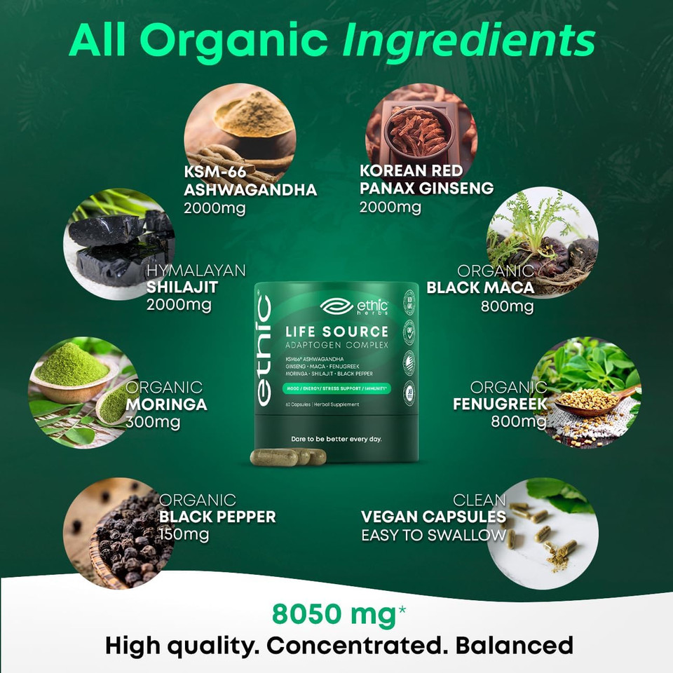 Organic Ksm66 Ashwagandha Blend For Mood Boost And Stress Support With Maca Ginseng Shilajit Moringa Fenugreek. Natural Multivitamin Supplements For Women And Men 60 Capsules