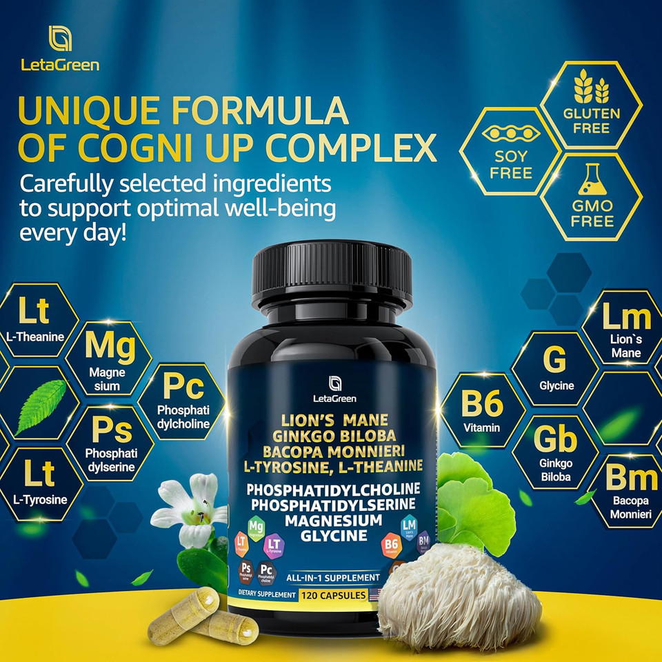 Organic Lions Mane Supplement Capsules - 120 Real Mushrooms Lion'S Mane Capsules With Ginkgo Biloba Herb, Bacopa Monnieri - Nootropics Brain Support - Lion Mane Mushroom Supplement