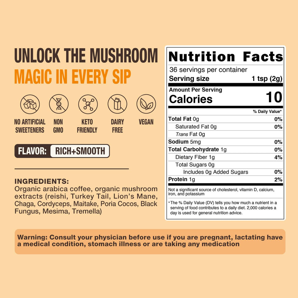 Organic Mushroom Coffee  30% Beta-Glucans, Arabica Instant Coffee Infused With Fungipure Mushrooms - Lions Mane, Reishi, Turkey Tail, 72 Grams - 36 Servings