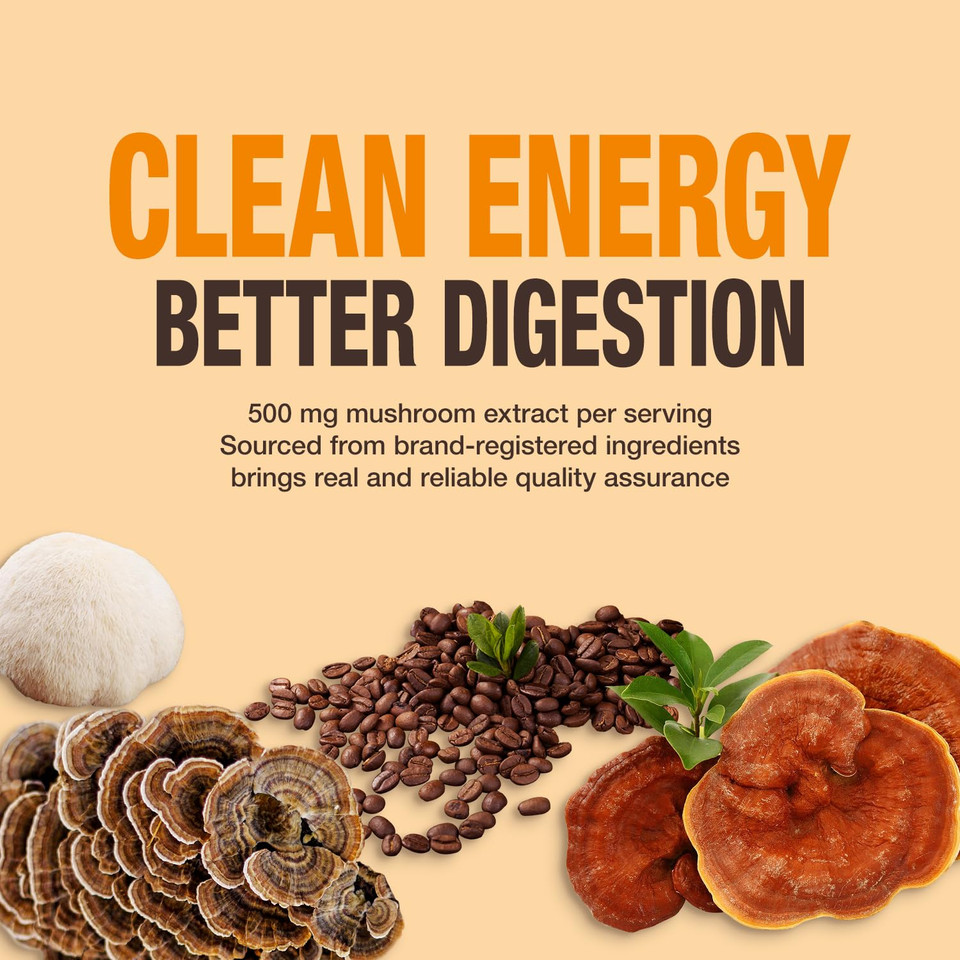 Organic Mushroom Coffee  30% Beta-Glucans, Arabica Instant Coffee Infused With Fungipure Mushrooms - Lions Mane, Reishi, Turkey Tail, 72 Grams - 36 Servings