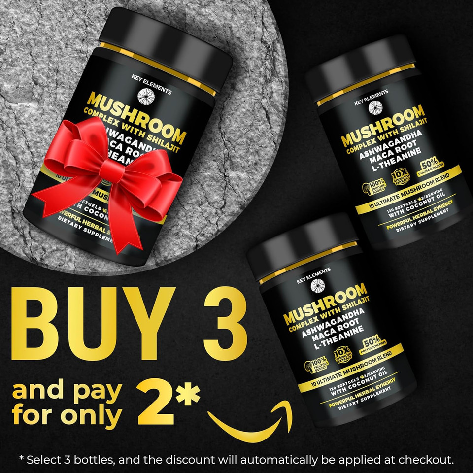 Organic Mushroom Complex With Shilajit & Coconut Oil - LionS Mane Mushroom Supplement With Ashwagandha And L-Theanine - Mushroom Nootropic For Memory, Focus & Immune Mushroom Capsules Softgels