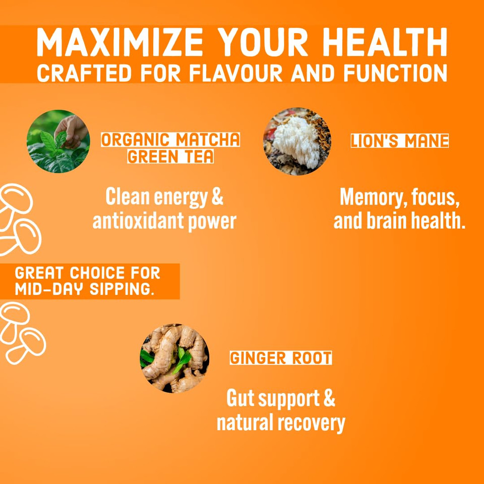 Organic Mushroom Matcha Green Tea Mix - Focus & Think With Ultra Concentrated Lion'S Mane Mushroom Extract 10:1, Hint Of Ginger Root Powder (Focus & Think Matcha, 37 Servings)