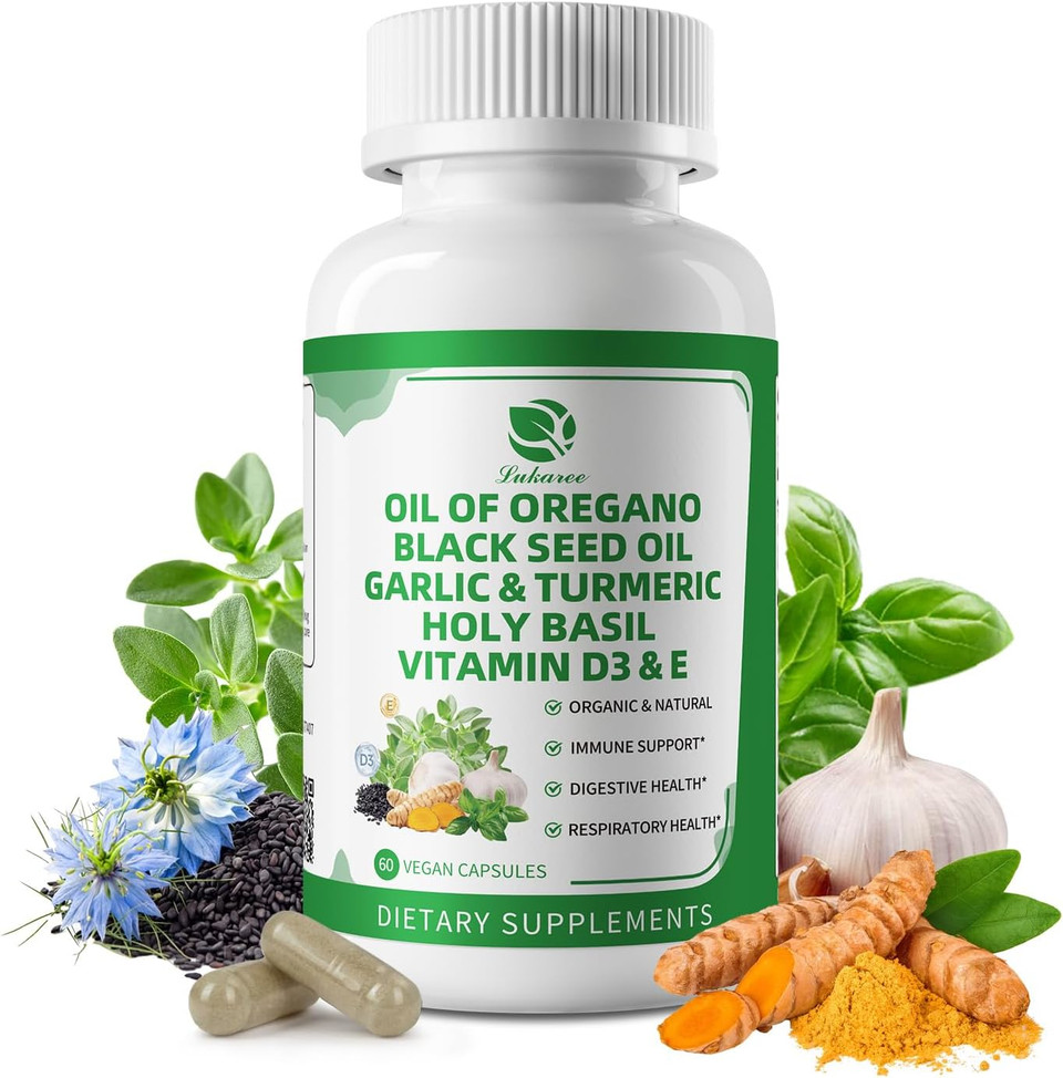 Organic Oil Of Oregano Capsules With Black Seed Oil, Garlic, Turmeric, Holy Basil, Vitamin D3, E & Black Pepper For Better Absorption  Immune, Digestive & Respiratory  Vegan, Non-Gmo, 2 Month Supply