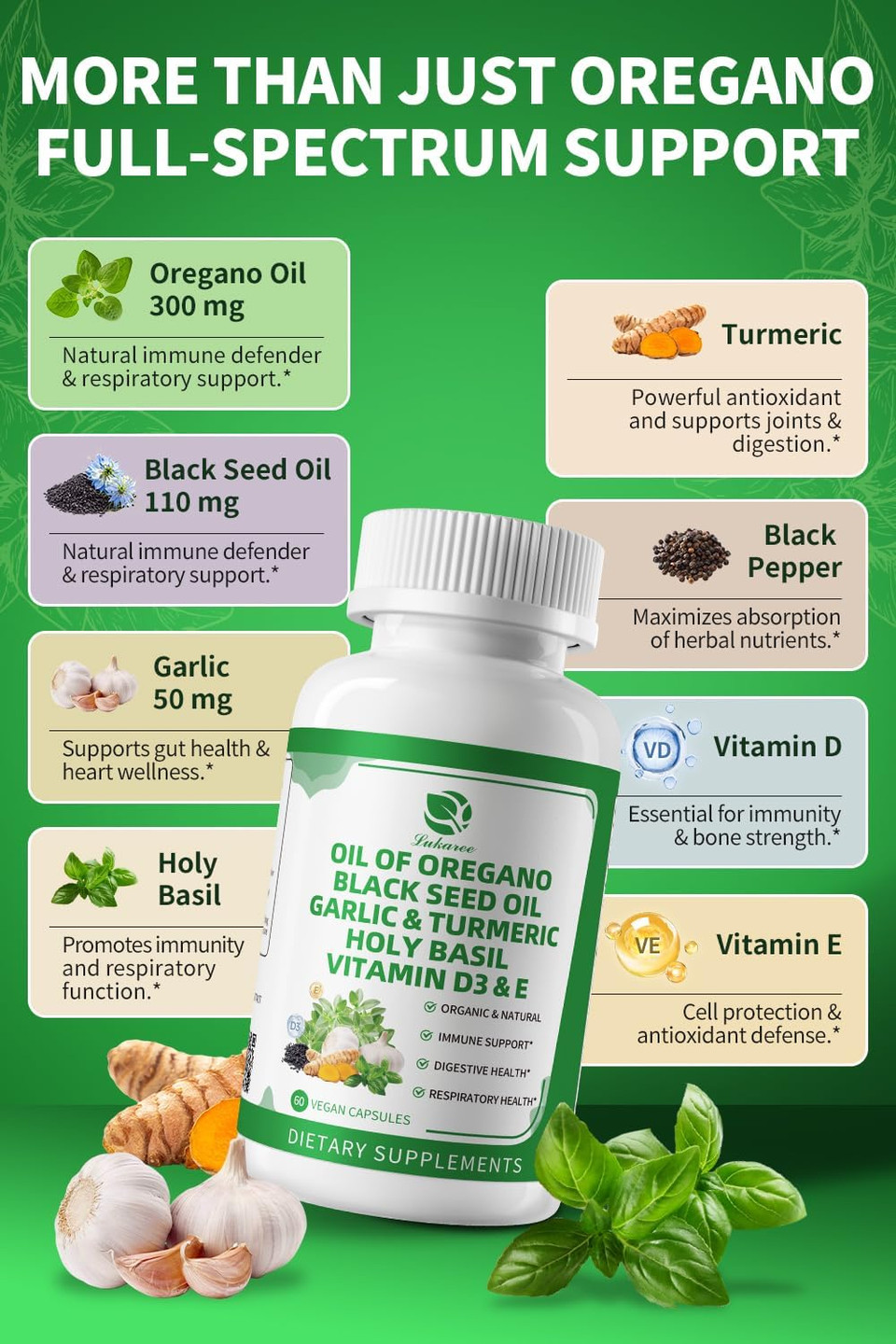Organic Oil Of Oregano Capsules With Black Seed Oil, Garlic, Turmeric, Holy Basil, Vitamin D3, E & Black Pepper For Better Absorption  Immune, Digestive & Respiratory  Vegan, Non-Gmo, 2 Month Supply