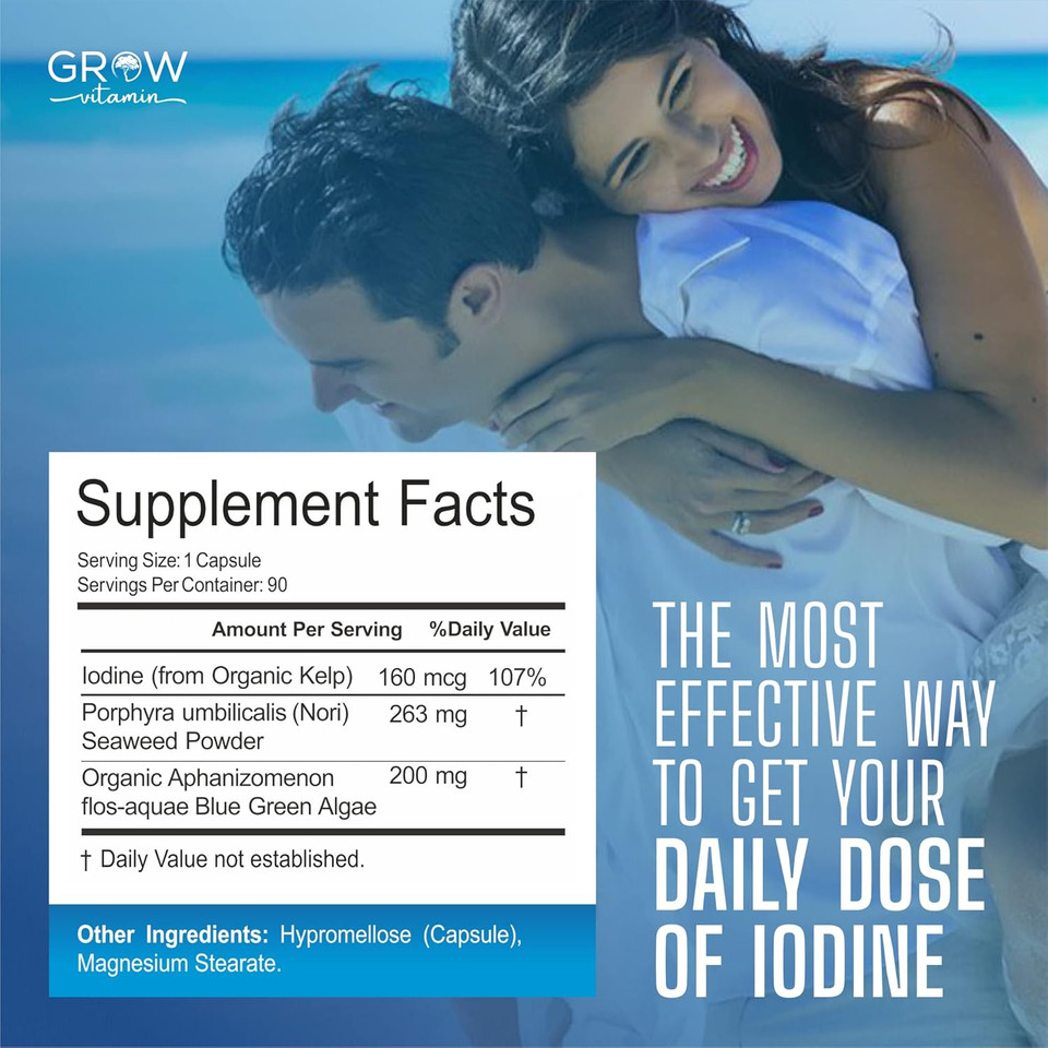 Organic Sea Kelp (Icelandic) Enhanced - Pure Healthy Thyroid Support Natural Iodine Supplement W/Organic Sea Kelp, Blue-Green Algae & Red Algae - Immune System & Metabolism Support - 90 Capsules