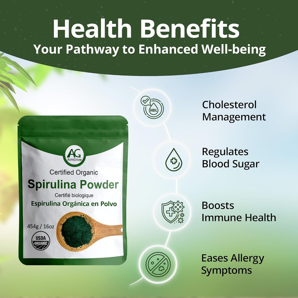 Organic Spirulina Powder, Protein-Rich Spirulina For Eye, Skin, And Immune Health, Canada Organic, Non-Gmo And Gluten-Free, 454 Grams