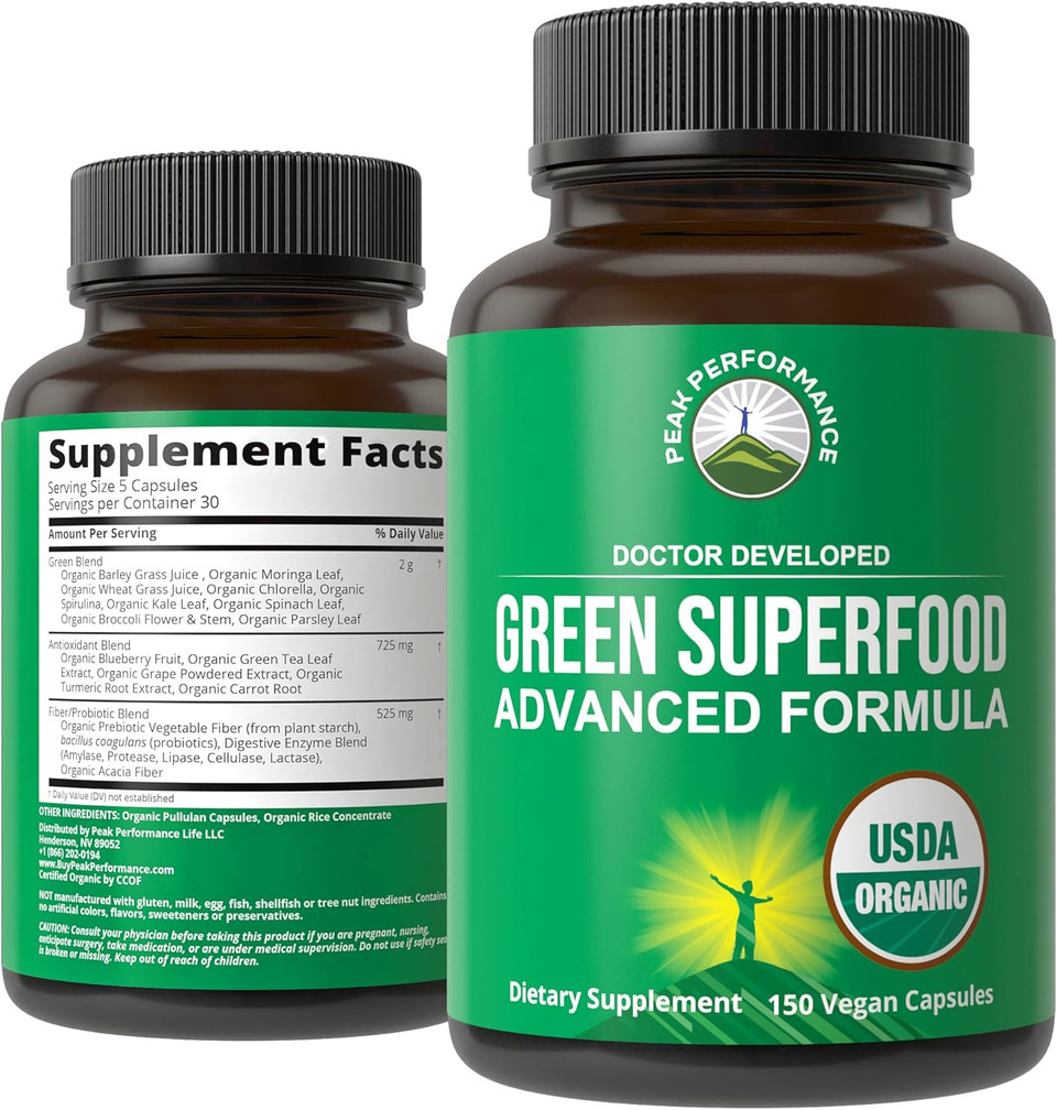Organic Super Greens 150 Capsules - Green Juice Superfood Supplement With 25 All Natural Organic Ingredients. Max Energy And Detox Super Food Pills With Spirulina, Spinach, Kale, Turmeric, Probiotics