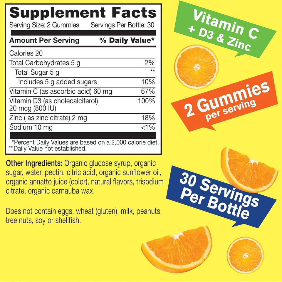 Organic Vitamin C + D3 + Zinc Gummies - Immune Boosting, Antioxidant-Rich, And Bone Health Supporting, Usda Organic, Vegan, And Non-Gmo - Gluten-Free, Nut-Free Gummy - 60 Count