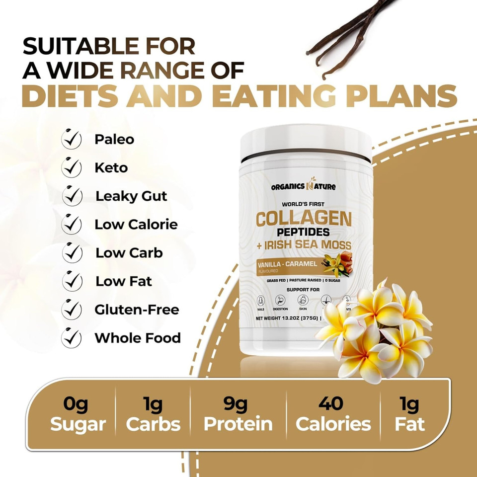 Organics Nature Collagen Peptides Powder With Irish Sea Moss Vanilla Caramel Flavored | Naturally Sourced Hydrolyzed Collagen W/Biotin For Hair, Skin, Nail, And Joint Support 30 Servings 380 Gr