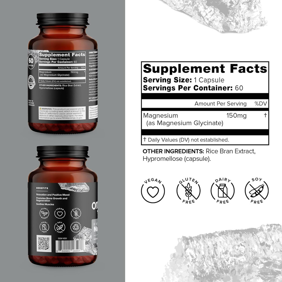 Organifi Essential Magnesium Glycinate Supplement For Bone Support And Muscle Health, 150Mg, 60 Vegan Capsules