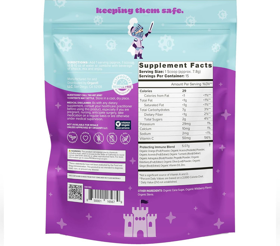 Organifi Kids: Protect - Everyday Immune Support For Kids With Elderberry, Acerola Cherry And Zinc - Berry Flavored Immunity Powder - Plant-Based, Vegan, And No Gluten, Dairy Or Soy - 15 Servings