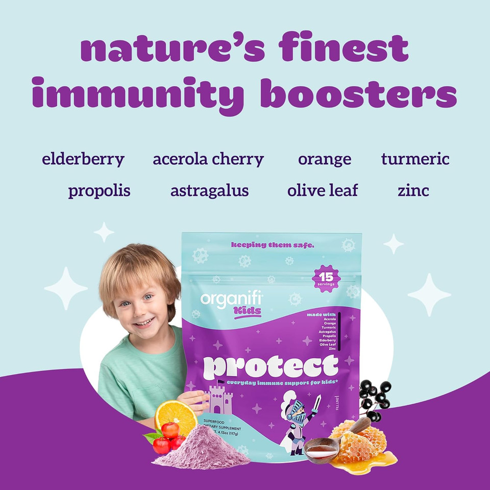 Organifi Kids: Protect - Everyday Immune Support For Kids With Elderberry, Acerola Cherry And Zinc - Berry Flavored Immunity Powder - Plant-Based, Vegan, And No Gluten, Dairy Or Soy - 15 Servings