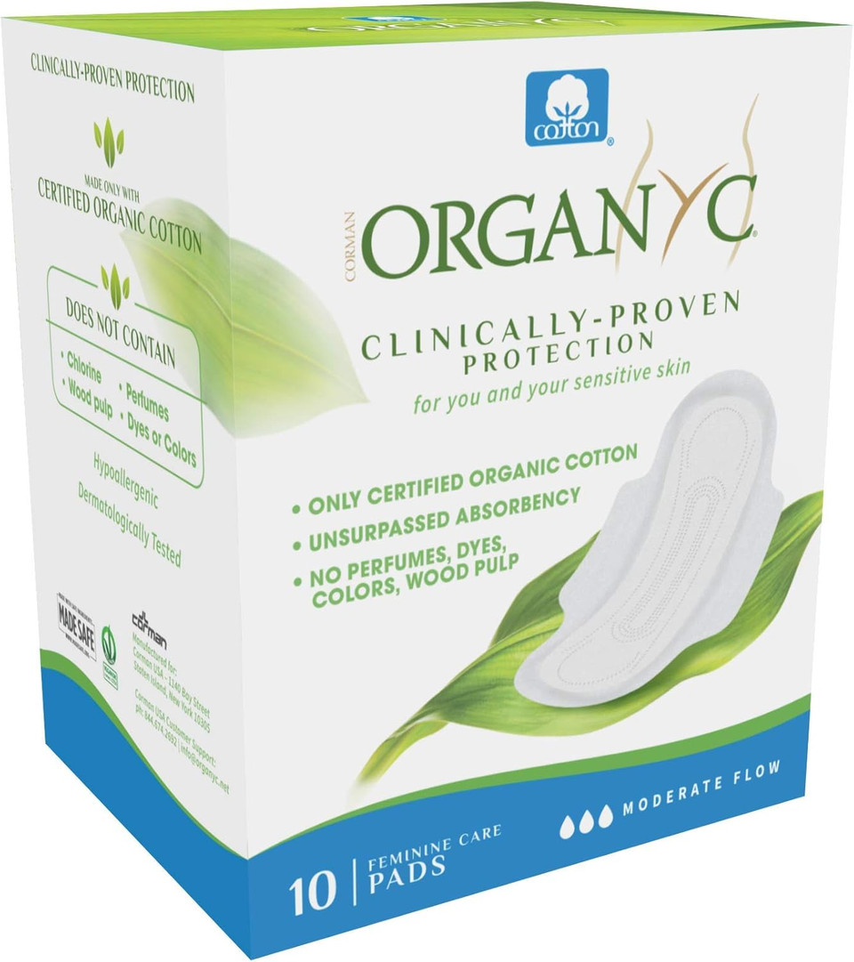 Organyc 100% Certified Organic Cotton Sanitary Napkin, Heavy Flow + Moderate Flow Feminine Pads, 10 Count