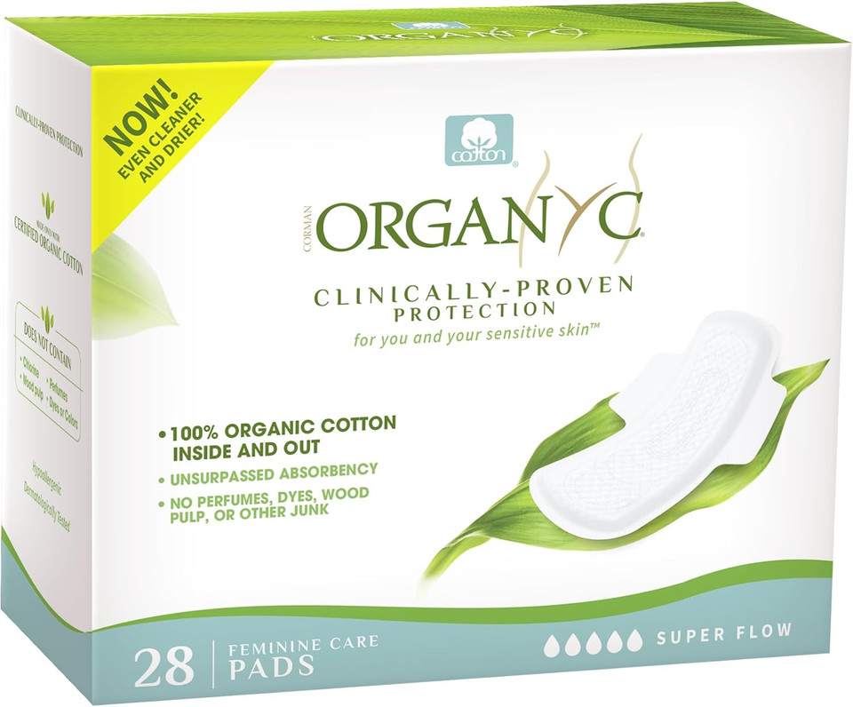 Organyc New And Improved 100% Certified Organic Cotton Inside And Out Overnight Feminine Pads, Heaviest Flow, Super Absorbency, 28 Count