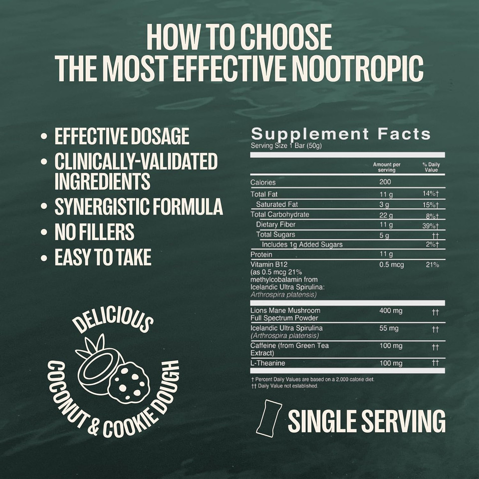 Orlo Brain Performance Bar  Vegan Protein Bars For Brain & Energy Support  Focus & Memory, Pre & Post Workout Recovery  Gluten Free Snack With L-Theanine, Lions Mane, Spirulina & More (Single Bar)