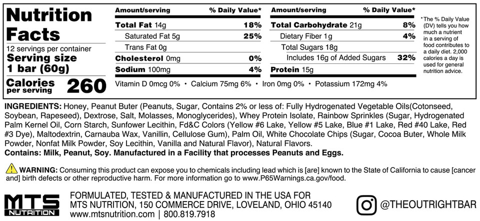 Outright Bars - Birthday Cake Peanut Butter - Whole Food Protein Bar - No Sugar Alcohols - Mts Nutrition (12 Count)