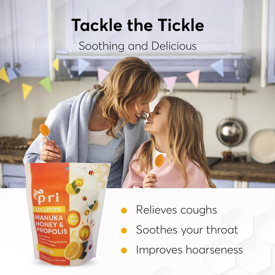 P.R.I Manuka Honey Lollipops With Propolis, Certified Mgo 300+ - Throat Soothing, Lemon Flavor, (24 Lollipops, 5.46Oz)