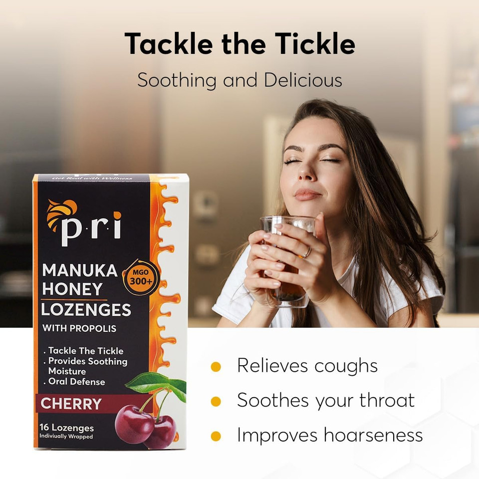 P.R.I Manuka Honey Lozenges With Propolis, Soothing Cough And Throat Drops, Mgo 300+ Certified (Strawberry, 16 Count)