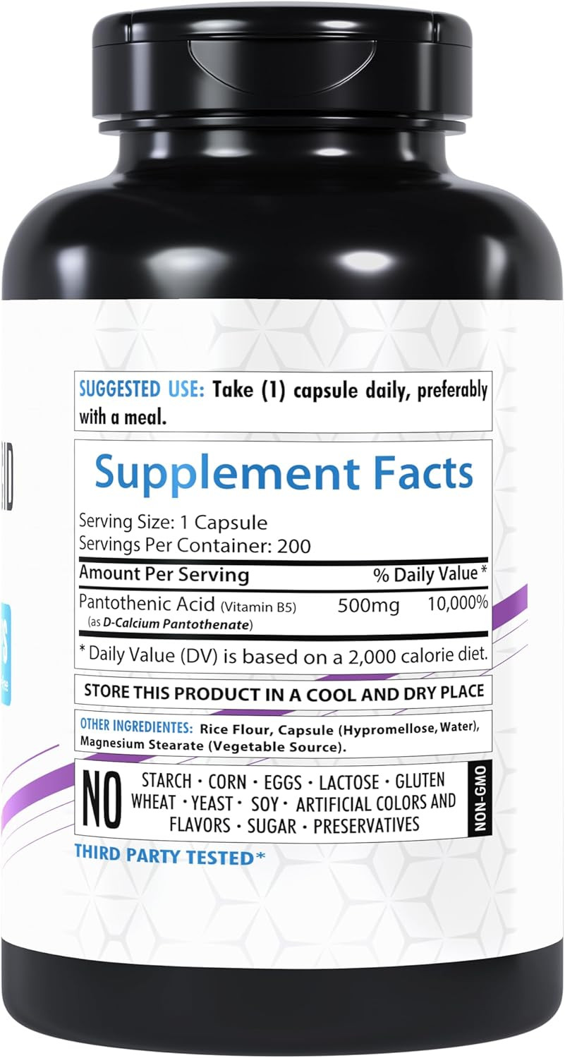 Pantothenic Acid 500Mg | 200 Veg Capsules | Supports Energy Levels | Skin & Hair Health | Non-Gmo | Made In The Usa