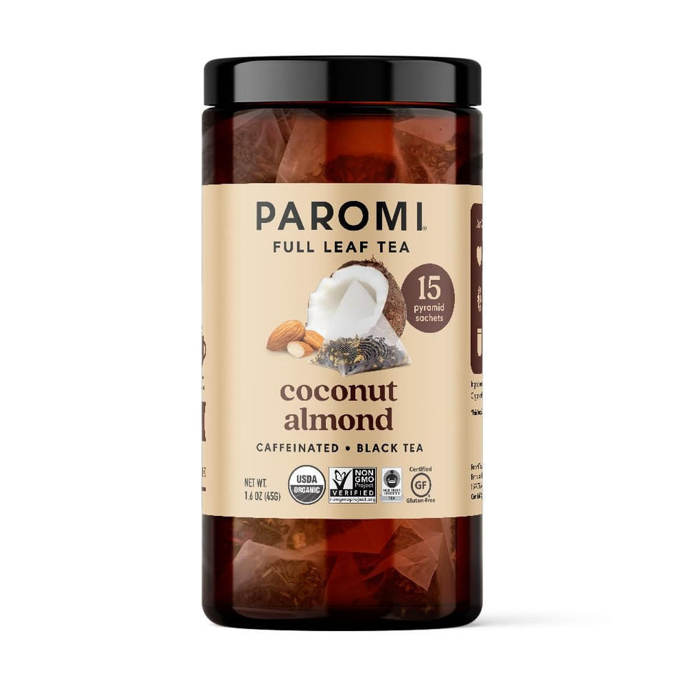 Paromi Coconut Almond Organic Black Tea, Signature Jar, 15 Count