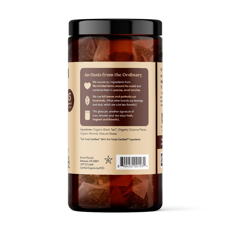Paromi Coconut Almond Organic Black Tea, Signature Jar, 15 Count