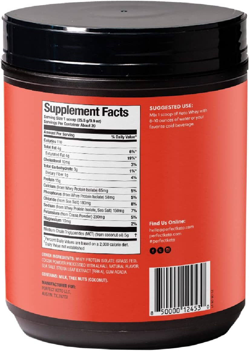 Perfect Keto Pure Chocolate Whey Protein Isolate Powder - Delicious 100% Grass Fed Whey, All Natural, No Artificials, Gluten Free, Soy Free & Non-Gmo (Chocolate)