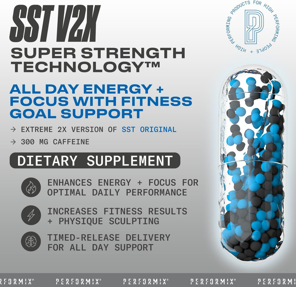 Performix - Sst V2X - Pre Workout - 300 Mg Caffeine - Energy Supplements - No Crash - Fitness Goals - Nootropic - Timed-Release For All Day Focus, Mood & Energy Boost - Men & Women - 10 Capsules